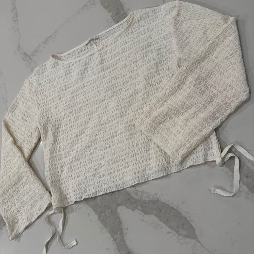 Zara Textured Long Sleeve Boatneck Tie Top Blouse Women's Small White Minimalist - Picture 2 of 7